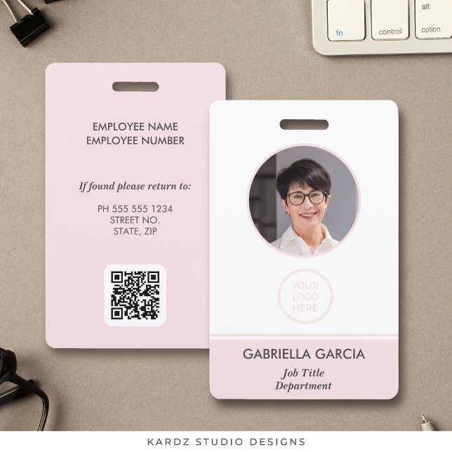 Employee QR Code Blush Pink ID Badge (Personalize this ID badge with employee photo and business logo, QR code and business information.)