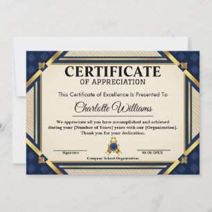 Employee Recognition Certificate Blue Gold 2026 Invitation