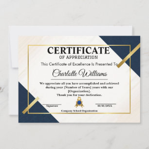 Employee Recognition Certificate Blue Gold 2026 Invitation