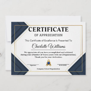 Employee Recognition Certificate Blue Gold 2026 Invitation