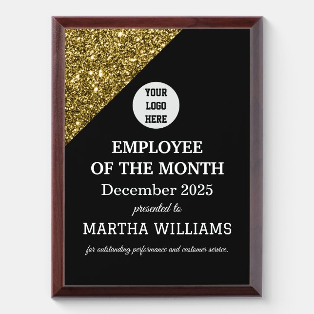 Employee Recognition Company Logo Black Gold Award Plaque (Vertical)