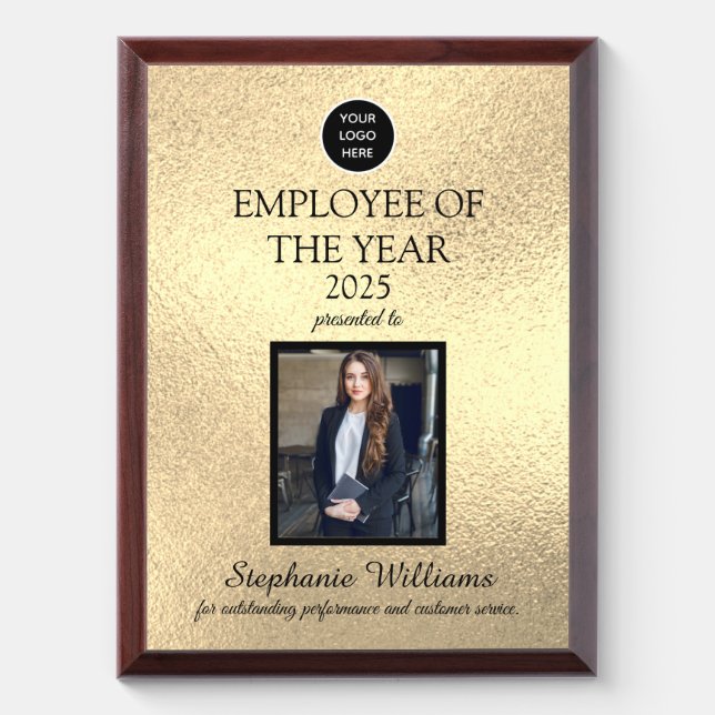 Employee Recognition Company Photo Logo Gold Award Plaque (Vertical)