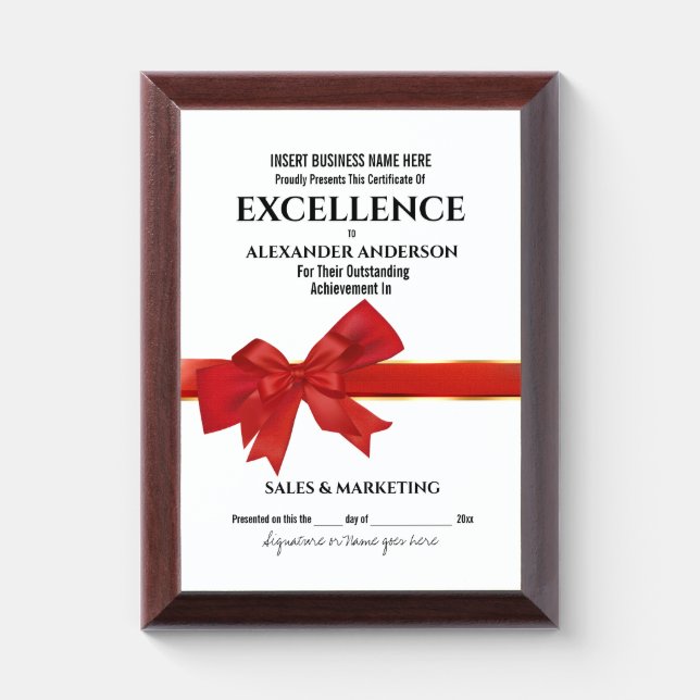 Employee recognition red bow ribbon year end month award plaque (Vertical)