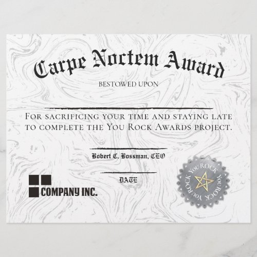 Employee WORKING LATE funny certificate award