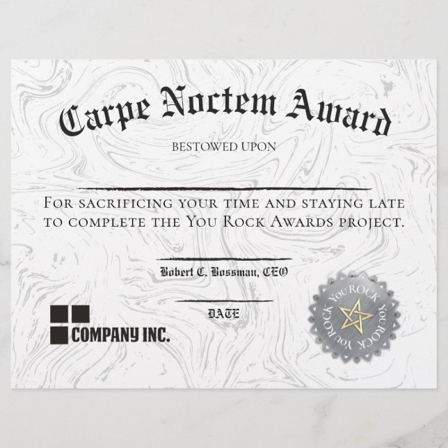 Employee WORKING LATE funny certificate award (Front)