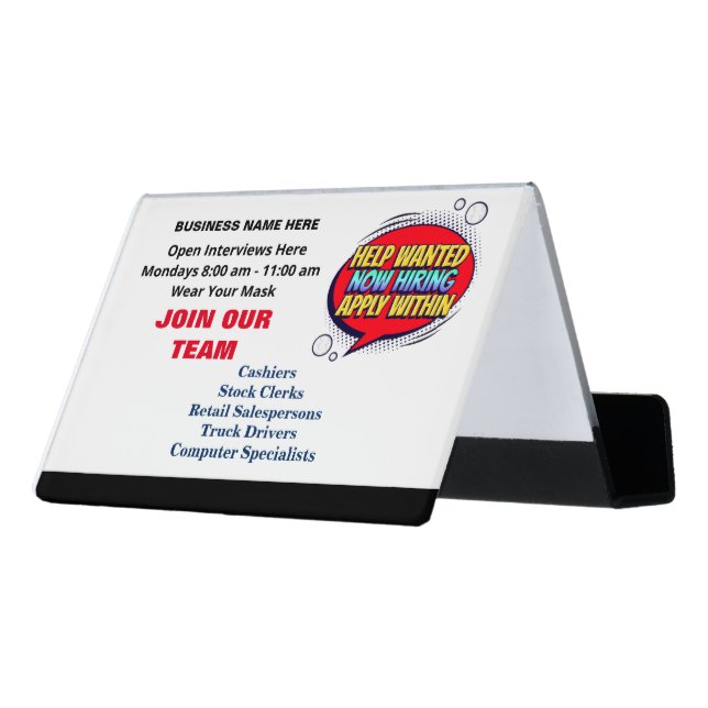 Employees Business Logo Help Wanted Hiring Custom  Desk Business Card Holder (Angled Back)