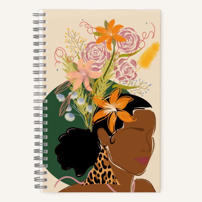 Empowered Black Woman with Leopard Print Earrings  Notebook (Front)