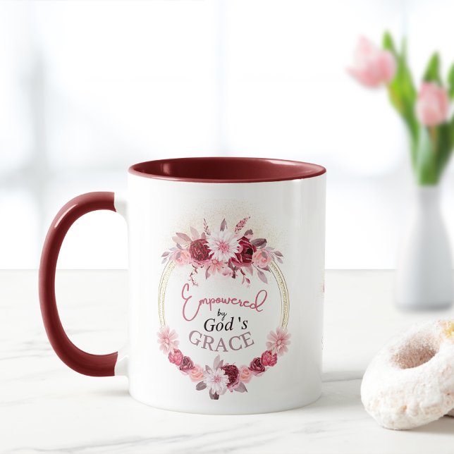  Empowered by God's Grace Pink Floral Gold Wreath Mug (Creator Uploaded)