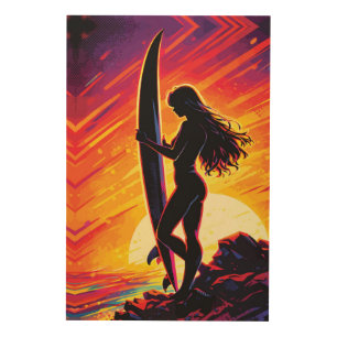 Empowering Surfer Girl Sunset Silhouette Pop Art