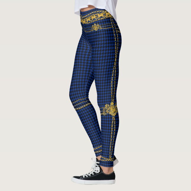 Empress Gold Chain Emblem Black Blue Houndstooth Leggings (Left)