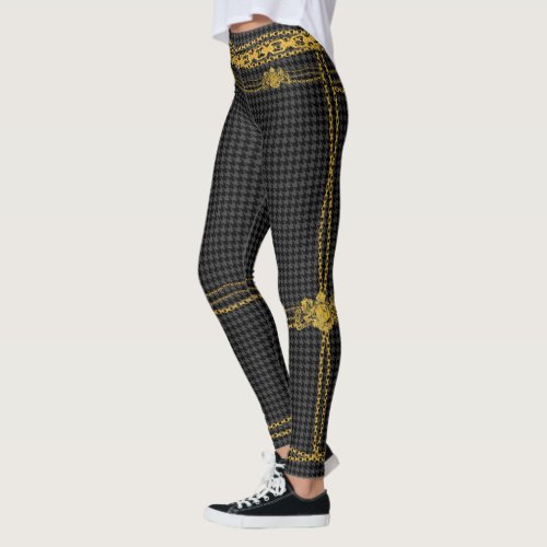 Empress Gold Chain Emblem Black Gray Houndstooth Leggings