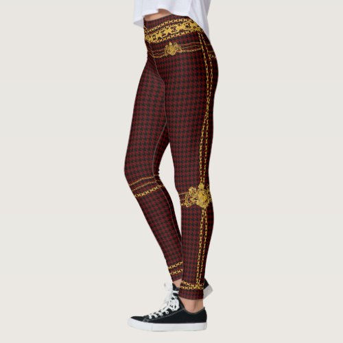 Empress Gold Chain Emblem Black Red Houndstooth Leggings