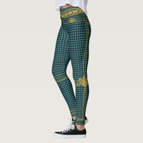 Empress Gold Chain Emblem Black Teal Houndstooth Leggings