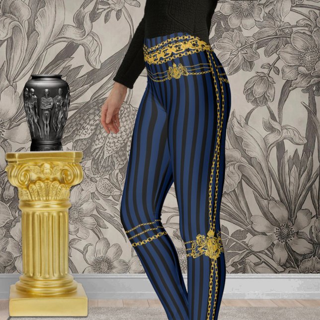 Empress Gold Chain Lion Emblem Black Blue Stripe Leggings (Creator Uploaded)