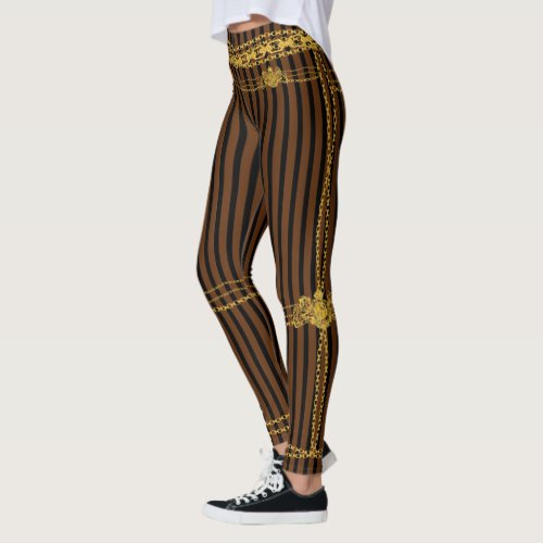 Empress Gold Chain Lion Emblem Black Brown Stripe Leggings