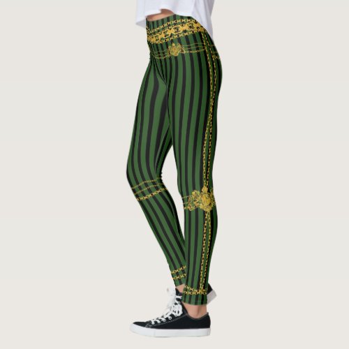 Empress Gold Chain Lion Emblem Black Green Stripe Leggings