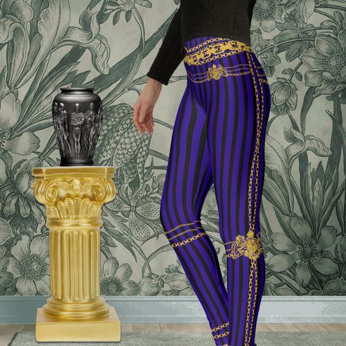 Empress Gold Chain Lion Emblem Black Purple Stripe Leggings