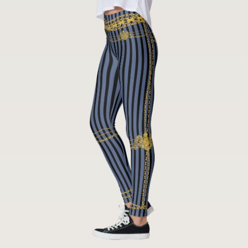 Empress Gold Chain Lion Emblem Black Slate Stripe Leggings