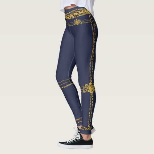 Empress Gold Chain Lion Emblem Slate Blue Leggings