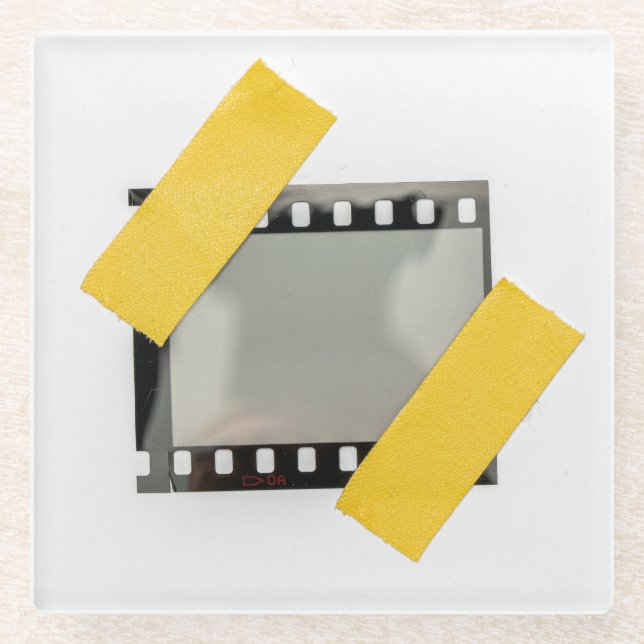 Empty 35mm film frame, yellow strips. glass coaster (Front)