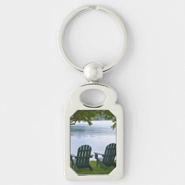 Empty Adirondack Chairs facing a Lake Keychain (Front)