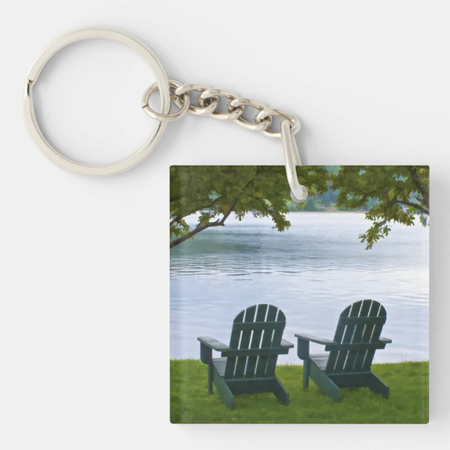 Empty Adirondack Chairs facing a Lake Keychain (Front)