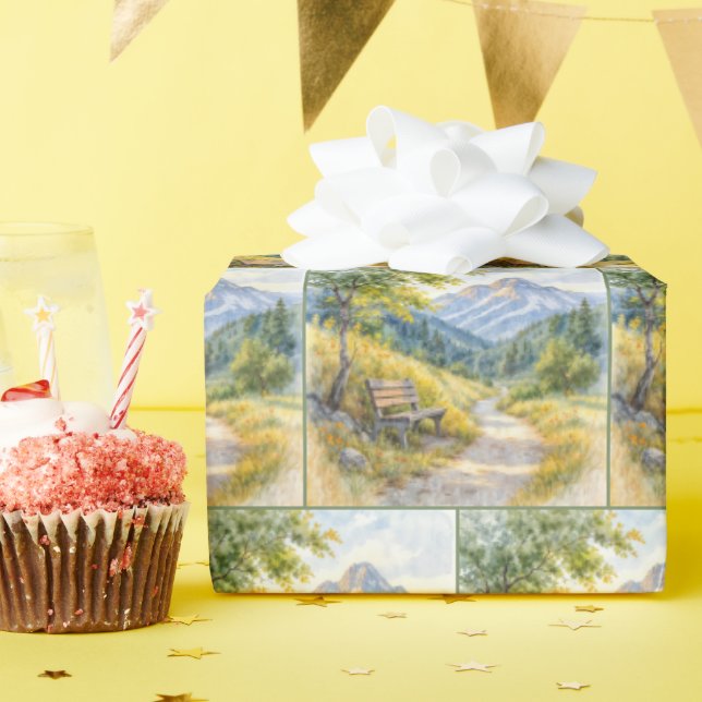 Empty Bench In a Mountain Meadow Valley Wrapping Paper (Birthday Party)