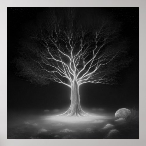 Empty Branches Glowing Tree _ BW Poster