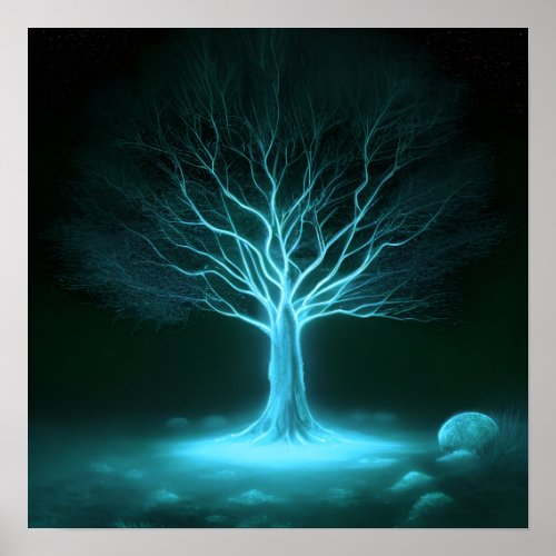 Empty Branches Glowing Tree _ Blue Poster