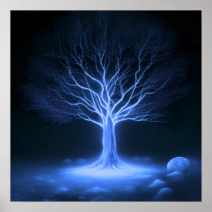 Empty Branches Glowing Tree - Dark Blue Poster