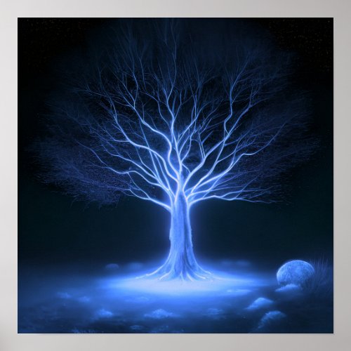 Empty Branches Glowing Tree _ Dark Blue Poster