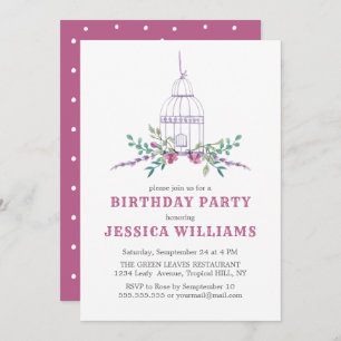 Empty cage and pink flowers birthday invitation