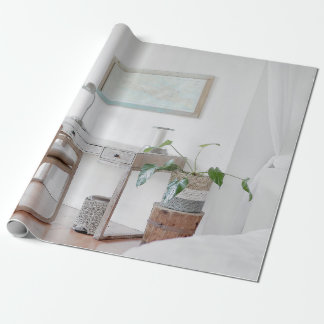 EMPTY DESK NEAR CURTAIN WRAPPING PAPER