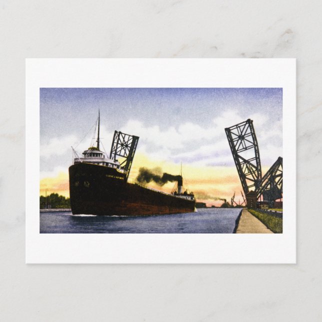 Empty Freighter Passing Bascule Bridge, Soo Locks Postcard (Front)