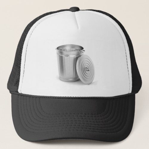 Empty metal trash can trucker hat