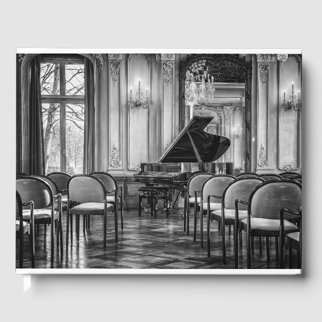 Empty Notes Black and White Music Photograph Guest Book (Front)