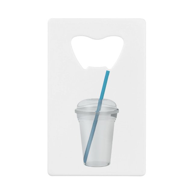Empty plastic smoothie cup with a straw credit card bottle opener (Front)