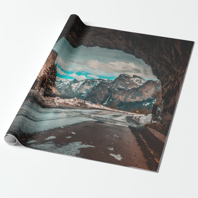 EMPTY ROAD TUNNEL LEADING TO MOUNTAINS WRAPPING PAPER (Unrolled)