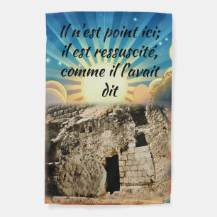 Empty Tomb with "He is Risen" French / English Garden Flag
