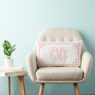 EMR Light Pink Greek Key Script Monogram Lumbar Pillow