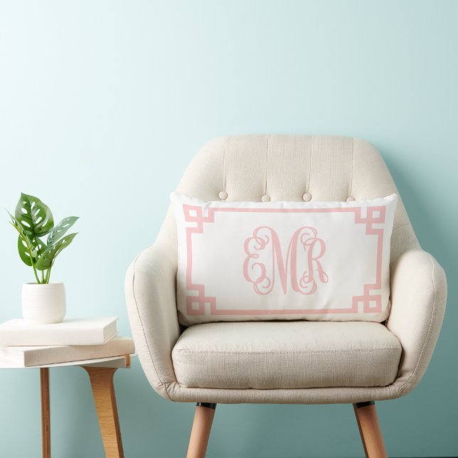 EMR Light Pink Greek Key Script Monogram Lumbar Pillow (Chair)
