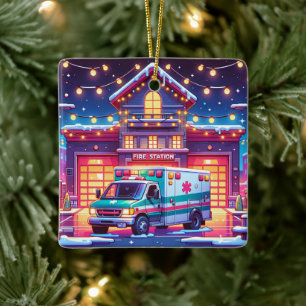 EMS Ambulance At Fire Station Decorated Christmas Ceramic Ornament