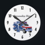 EMS Ambulance Round Clock<br><div class="desc">EMT gifts and t-shirts personalized for EMT's and paramedics with EMS theme logos,  ambulance and medic themes perfect for home or rescue squad.</div>