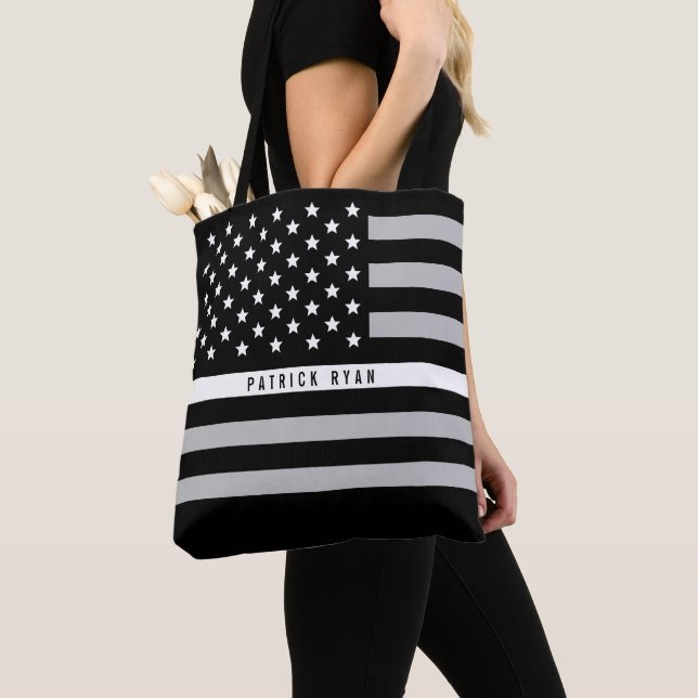 EMS EMT Thin Gray Line American Flag Add Name Tote Bag (Close Up)