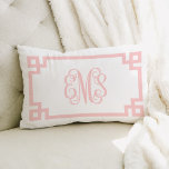 EMS Light Pink Greek Key Script Monogram Lumbar Pillow<br><div class="desc">PLEASE CONTACT ME BEFORE ORDERING WITH YOUR MONOGRAM INITIALS IN THIS ORDER: FIRST, LAST, MIDDLE. I will customize your monogram and email you the link to order. Please do not purchase until I have sent you the link with your customized monogram. Cute girly preppy modern throw pillow with a geometric...</div>