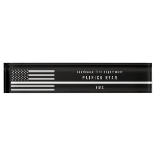 EMS Thin White Line American Flag Monogram Desk Name Plate