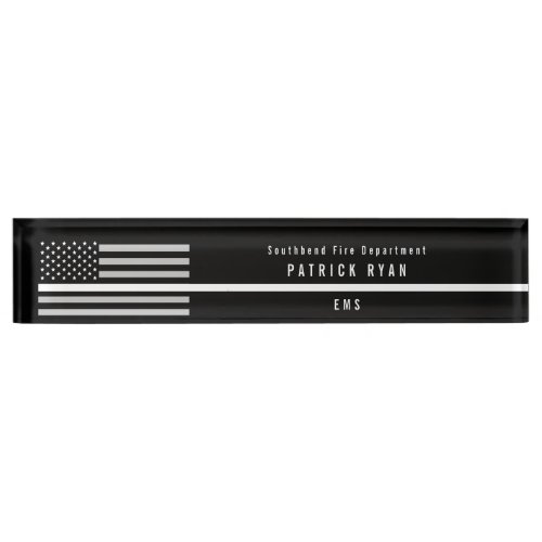 EMS Thin White Line American Flag Monogram Desk Name Plate