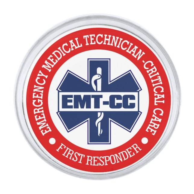 EMT-CC (Emergency Medical Tech -Critical Care) Silver Finish Lapel Pin (Front)