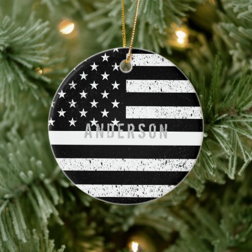 EMT distressed Thin White Line with name Ceramic Ornament