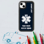 EMT EMS Paramedic Name and Squad OtterBox iPhone 14 Pro Max Case<br><div class="desc">Perfect for paramedics,  EMT and EMS A-EMCA or anyone in medicine and first response. Rod of Asclepius design on dark blue. with your name and station.</div>